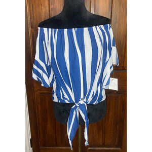Olivia Concealed Boutique Off The Shoulder, Blue &White Stripe Blouse, Size M